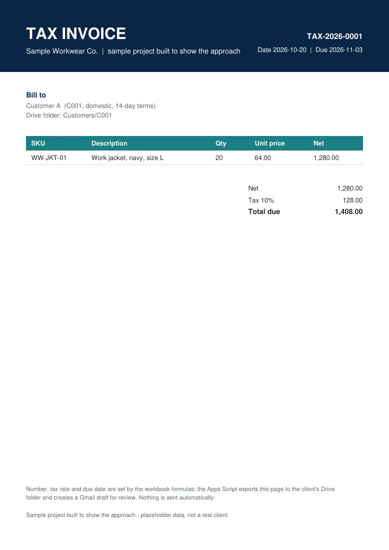 Invoice PDF generated from the sheet for Customer A