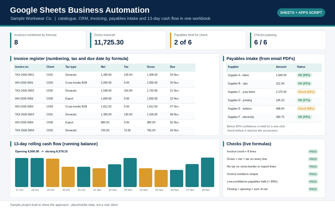 Overview of the Google Sheets automation sample: invoice register, payables queue, 13-week cash flow chart and formula checks